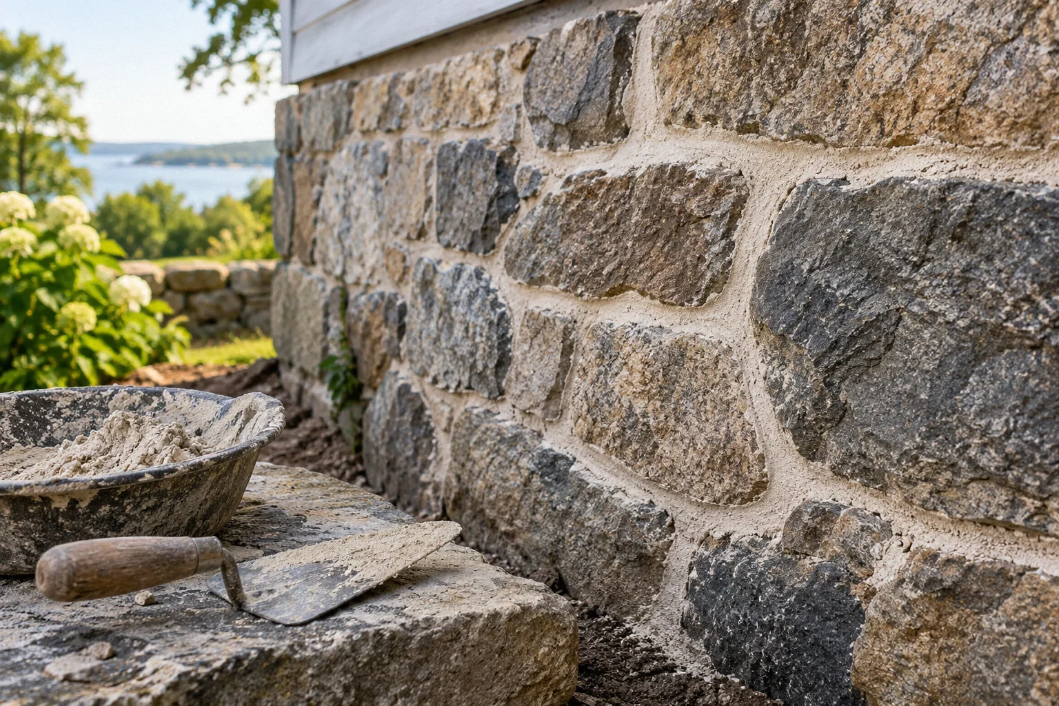 Conceptual illustration: Old fieldstone wall with lime mortar joints; pointing trowel and mortar sample; tactile side daylight.