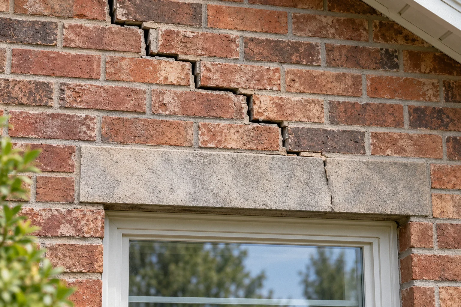 Conceptual illustration: Stair-step crack through brick veneer above exterior window lintel; close framing on brickwork.