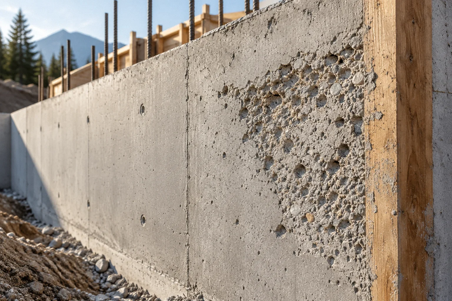 Conceptual illustration: Newly stripped concrete wall with localized honeycombing beside smooth surface and timber form edge.