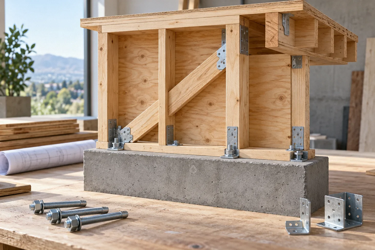 Conceptual illustration: Small physical model of wood cripple wall, plywood panel and concrete base; galvanized anchor hardware laid separately.