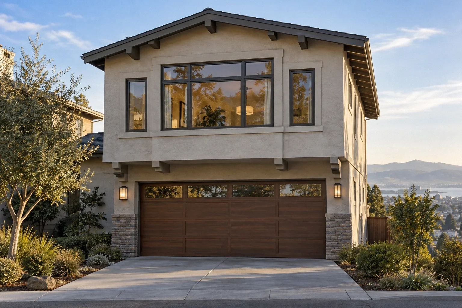 Conceptual illustration: Two-story stucco home above wide garage opening; frontal architectural street view; no cars or people.
