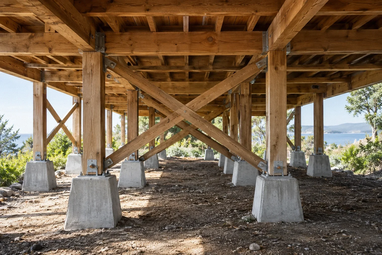 Conceptual illustration: Underneath a raised timber house; wood posts on concrete piers; visible cross-bracing; clear side daylight.