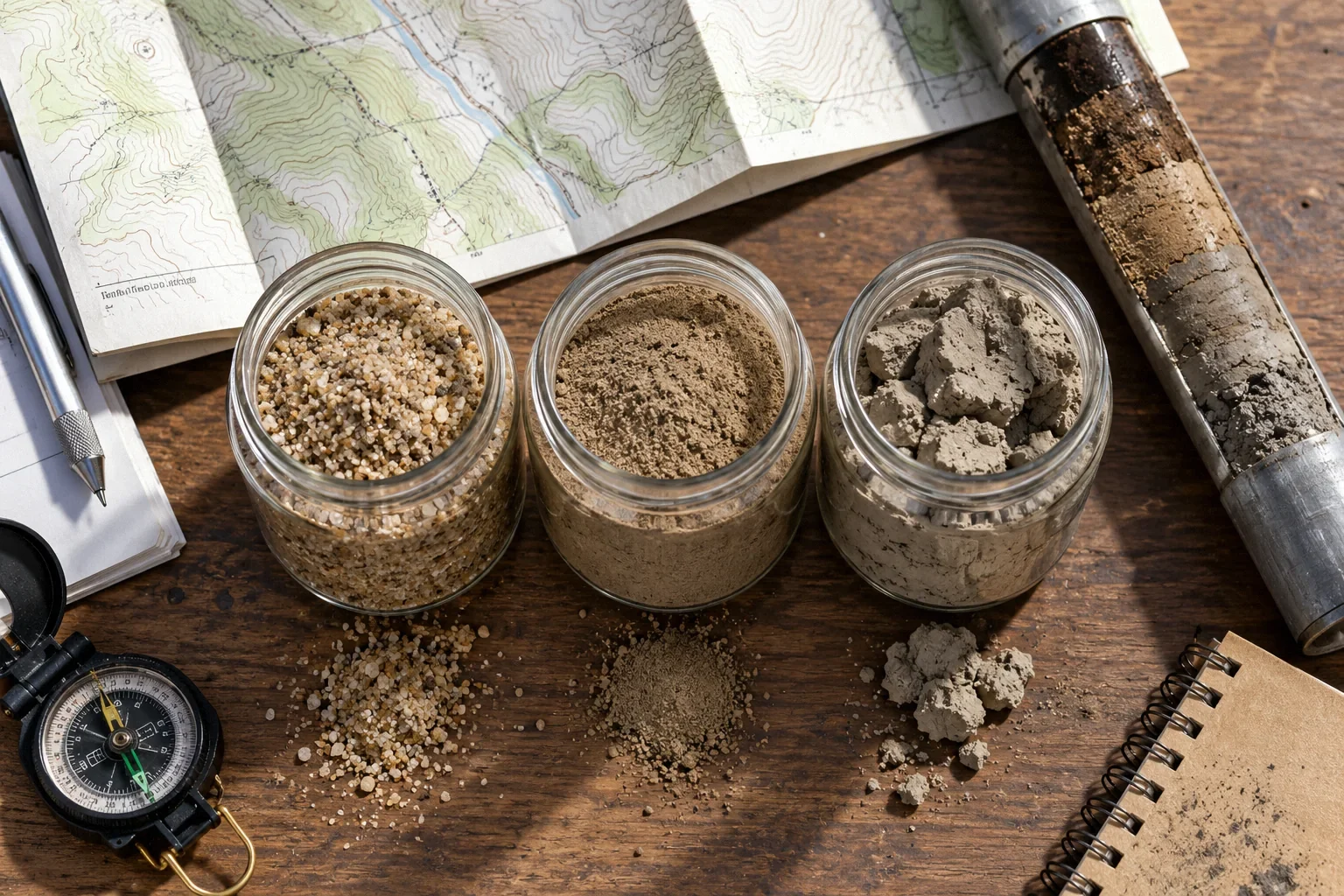 Conceptual illustration: Three transparent jars showing sand, silt and clay; folded topographic paper and core tube; overhead.