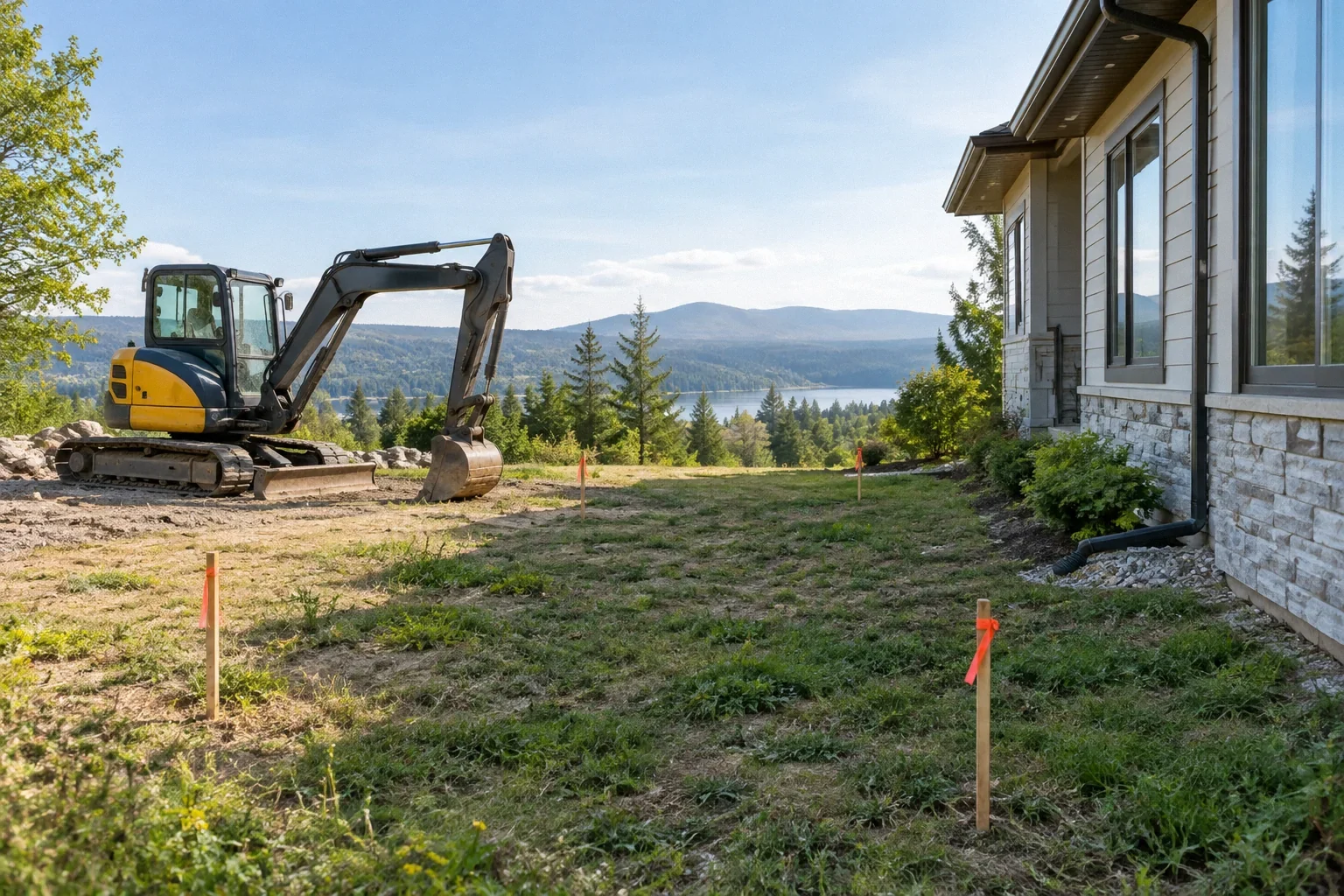 Conceptual illustration: Compact excavator parked well away from existing house; survey stakes and undisturbed ground between them.