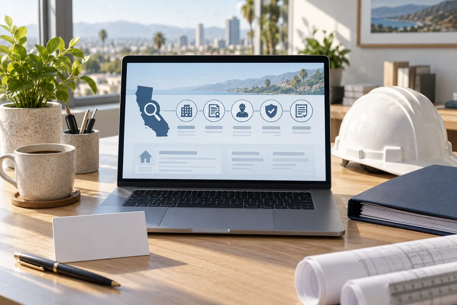 Conceptual illustration: Laptop with abstract license-lookup interface, blank business card and closed project folder; bright desk.