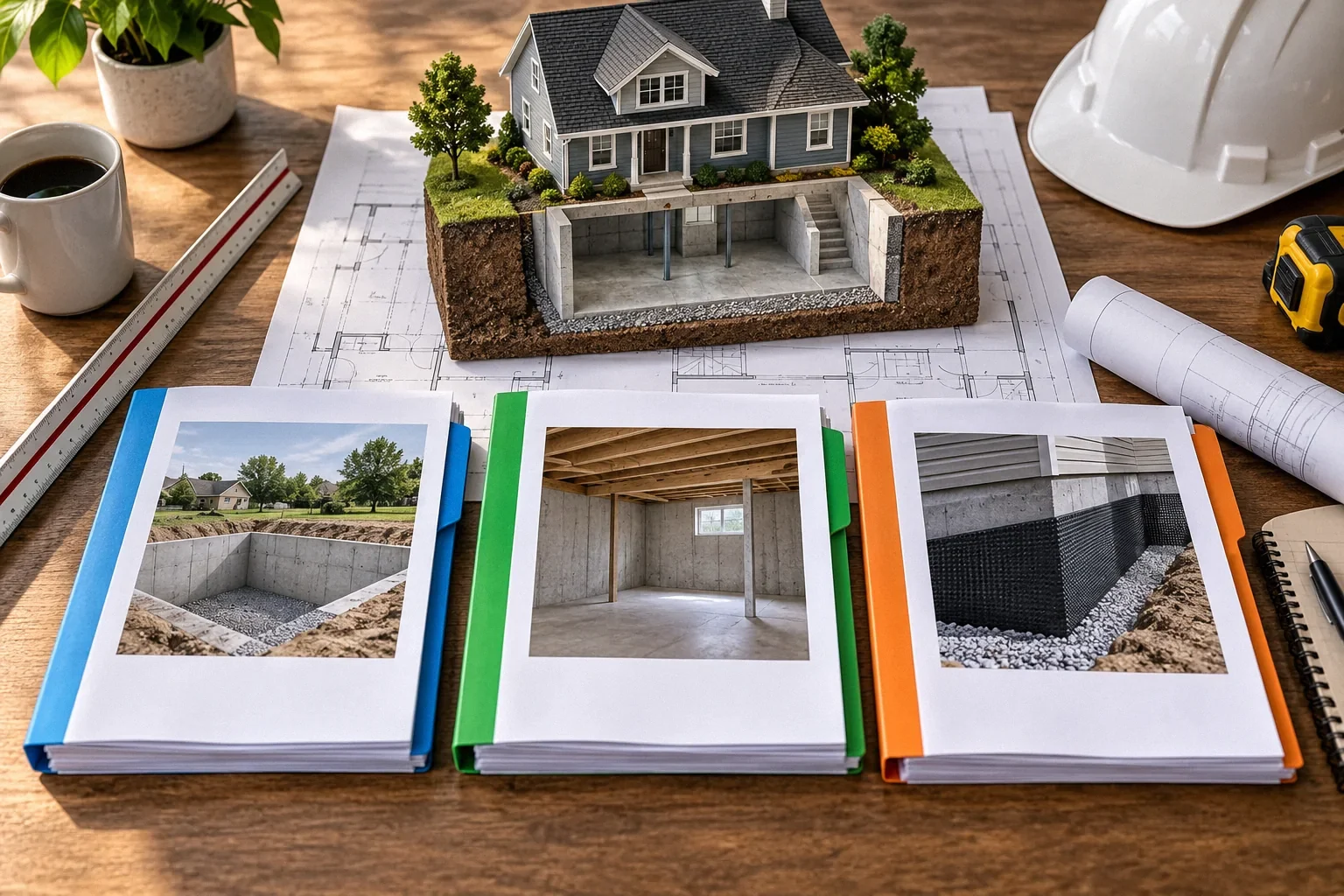 Conceptual illustration: Three different estimate packets with coloured tabs beside house model; overhead comparison.