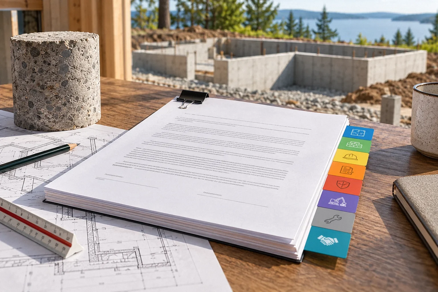 Conceptual illustration: Unsigned construction contract with scope tabs beside concrete sample and architect pencil; close reading table.