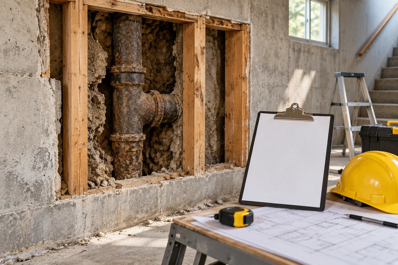 Conceptual illustration: Opened basement wall reveals unexpected old pipe; blank change-order sheet clipped to site board.