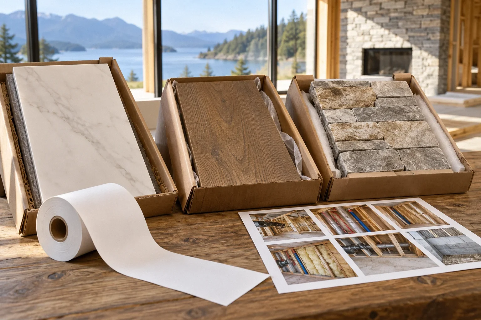 Conceptual illustration: Three delivered material samples in separate packages; blank receipt roll and installation photo contact sheet.