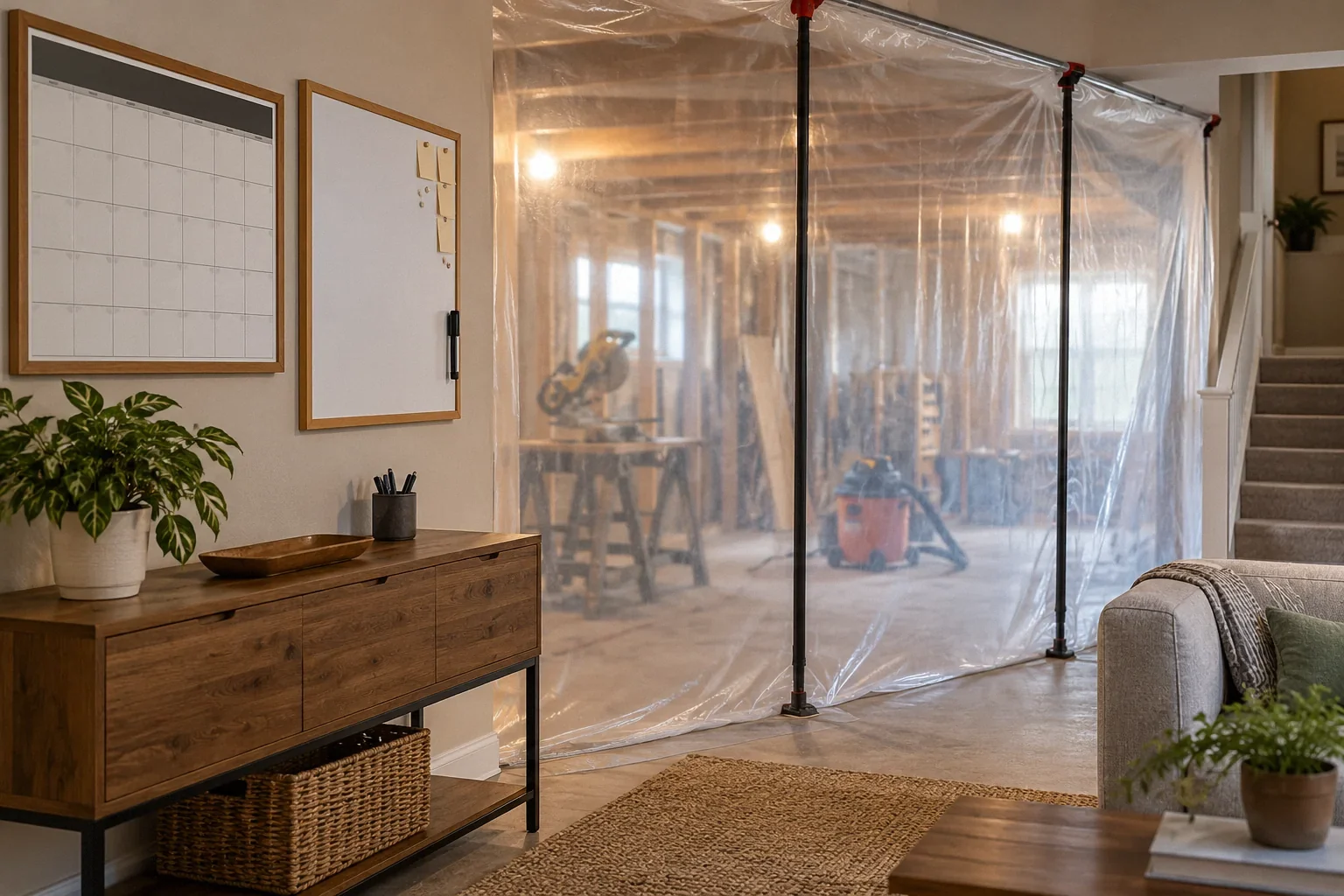 Conceptual illustration: Occupied home's basement work zone behind translucent dust barrier; blank wall calendar and message board.