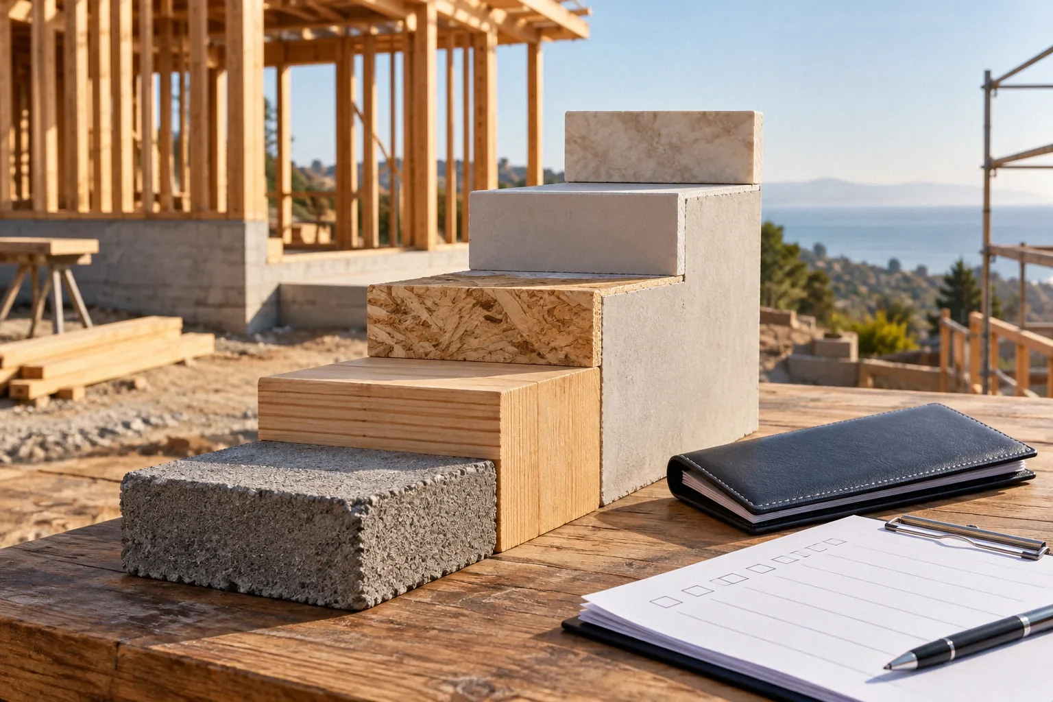 Conceptual illustration: Small ascending staircase of construction-stage material blocks; closed checkbook and blank inspection cards.