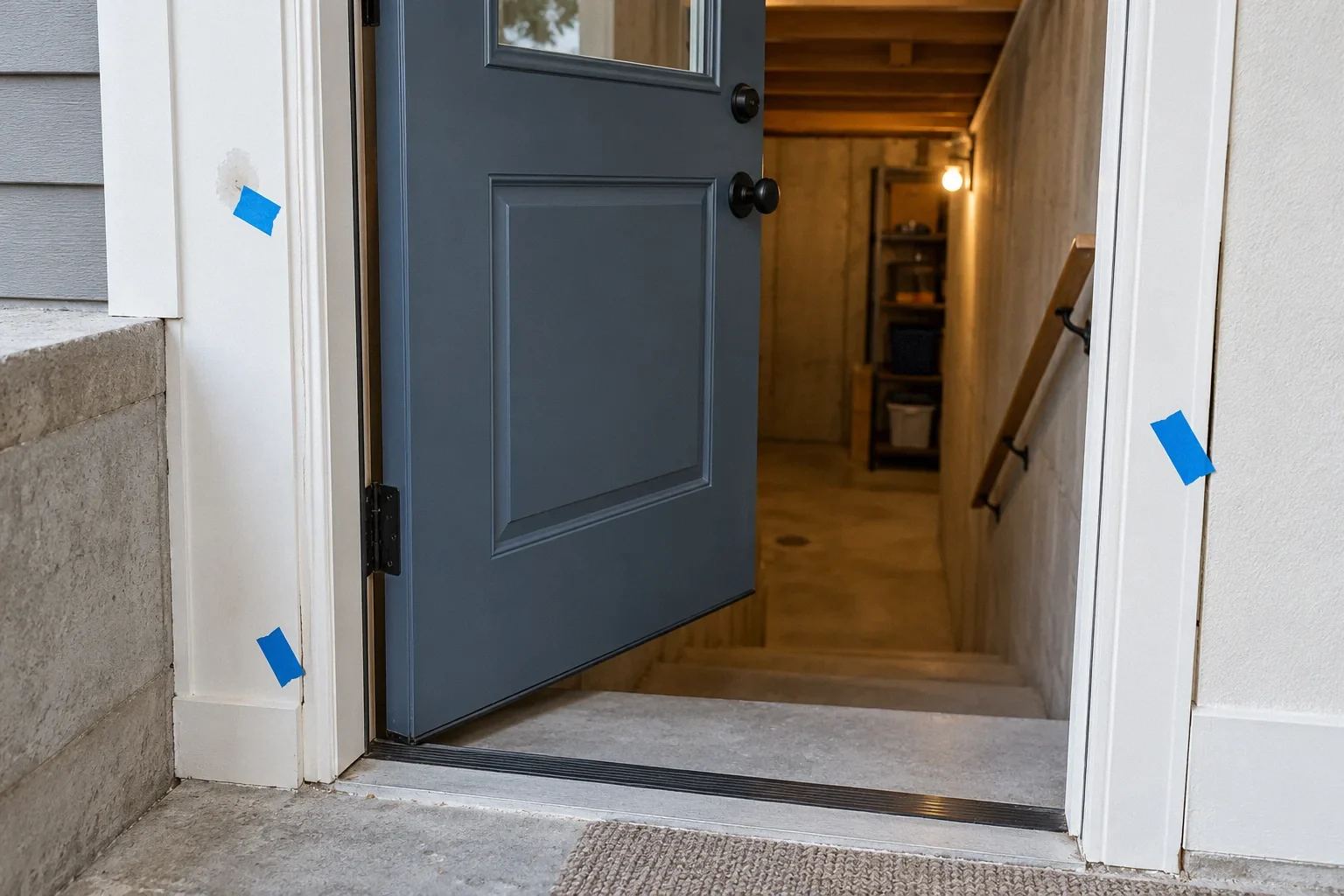 Conceptual illustration: New basement door with blue tape flags on paint defect and misaligned trim; punch-list close view.