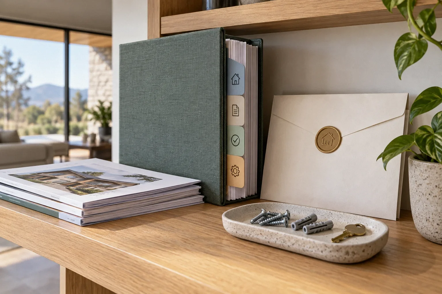 Conceptual illustration: Handover binder, sealed warranty envelope, spare hardware and maintenance key on finished shelf.
