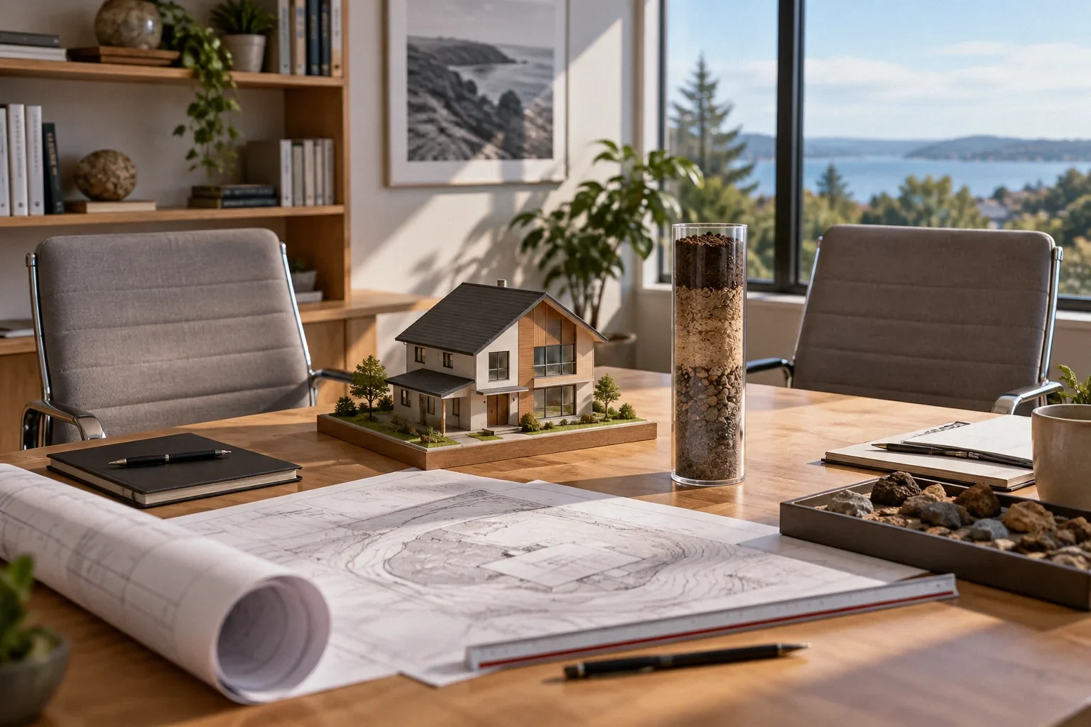 Conceptual illustration: Two empty consultation chairs, house model and soil core on meeting table; architectural office.