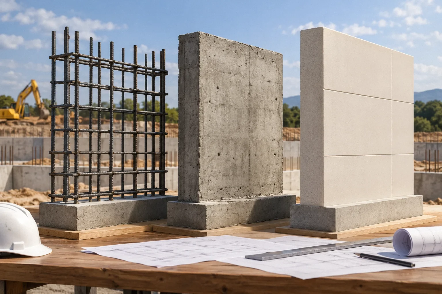Conceptual illustration: Three physical sample stages: exposed reinforcement, poured concrete, finished wall; sequential table arrangement.