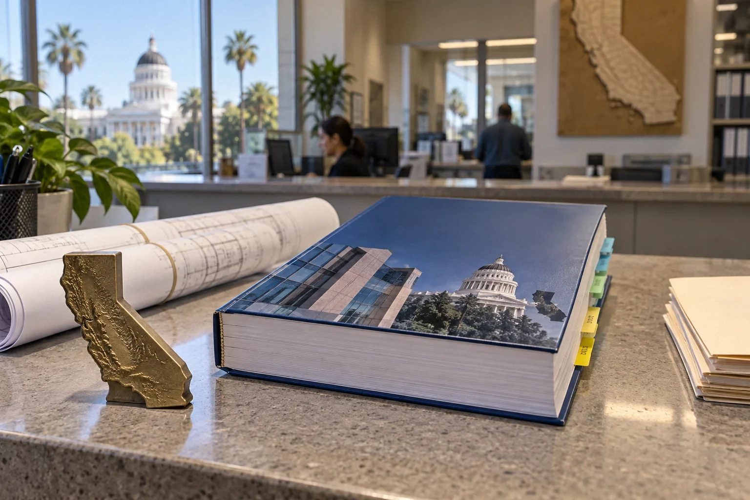 Conceptual illustration: Plain building-code book and rolled permit plans beside California-shaped paperweight; municipal counter.