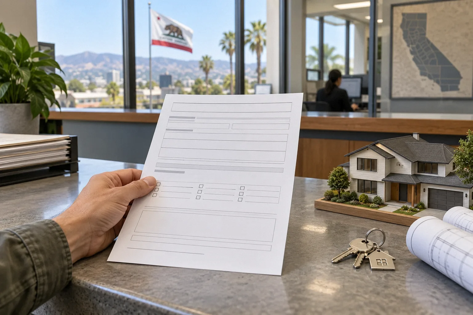 Conceptual illustration: Homeowner hand holds unsigned blank permit form at counter; keys and miniature home alongside.