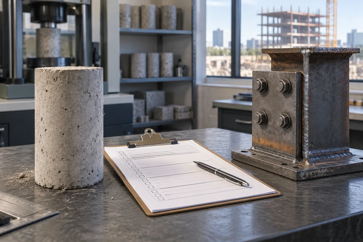 Conceptual illustration: Concrete test cylinder, inspection clipboard and steel connection sample in three zones on lab bench.