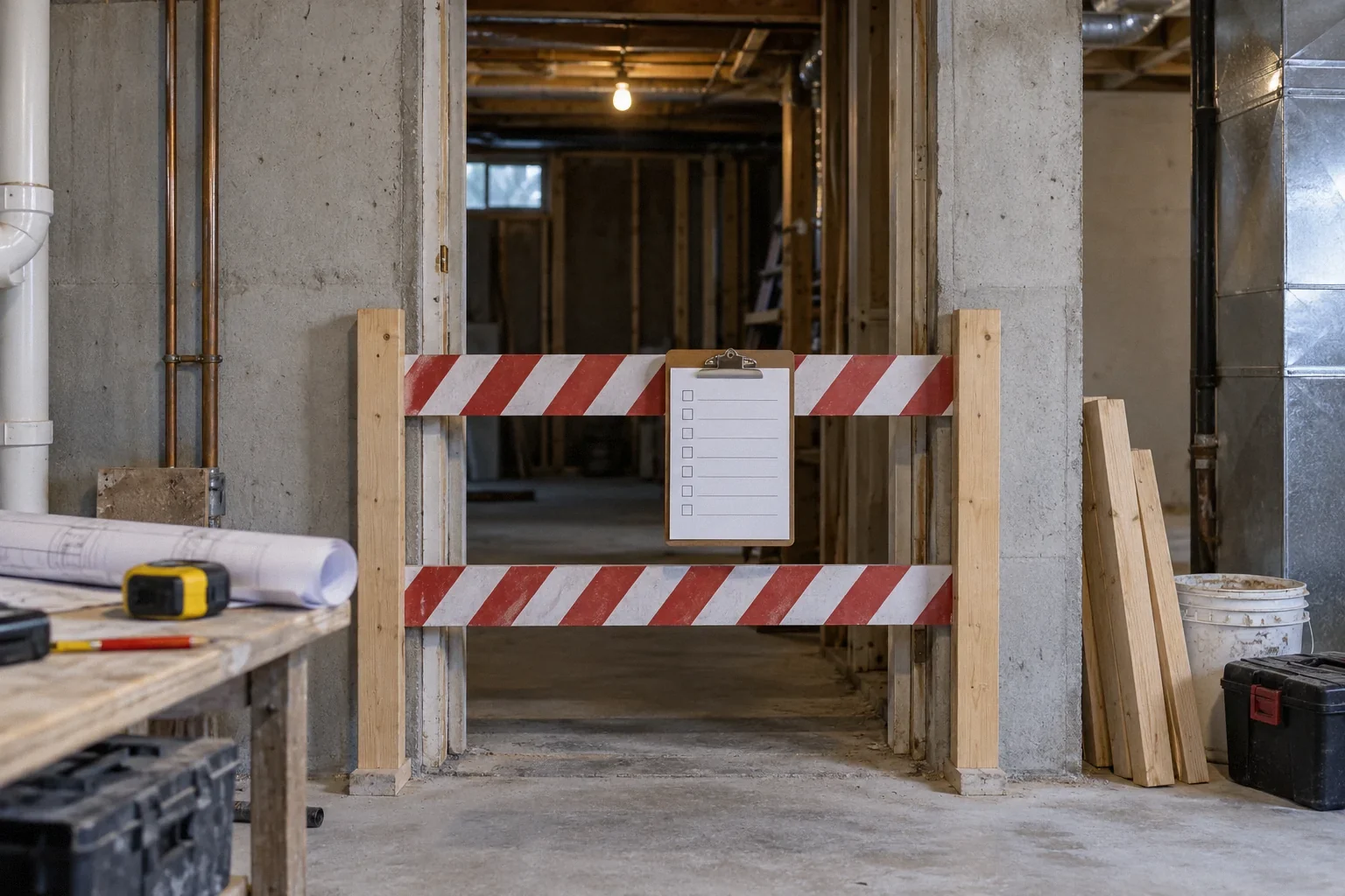 Conceptual illustration: Closed worksite barrier across basement doorway with blank correction checklist on clip; paused work.