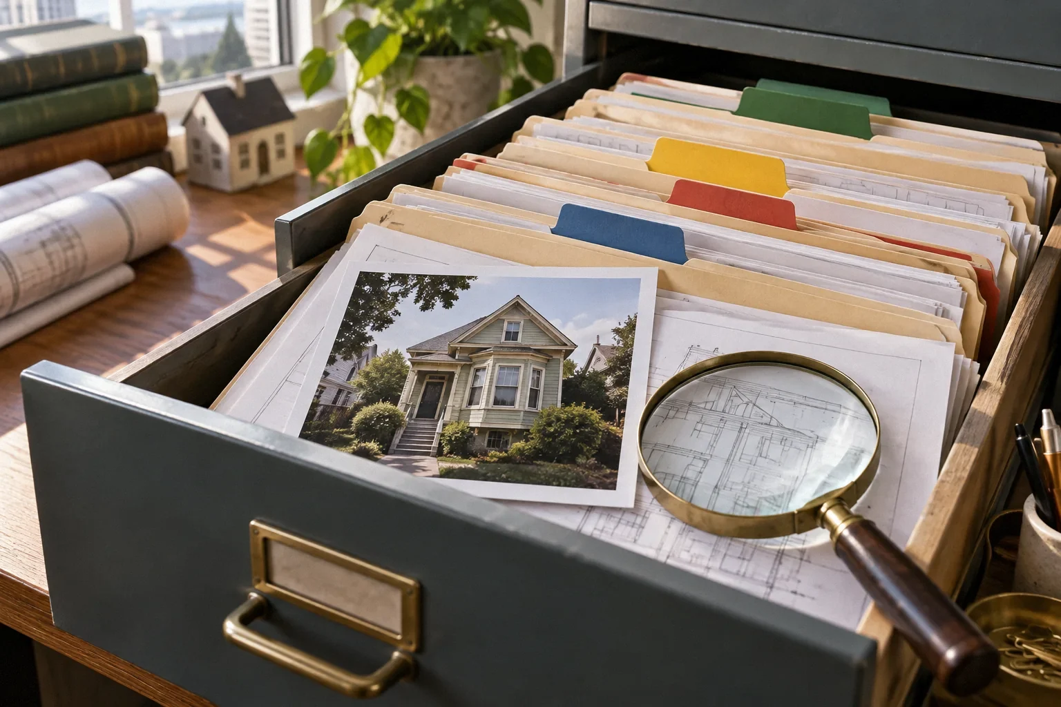 Conceptual illustration: Open drawer of property permit folders with colour tabs; small old-house photo and magnifier.
