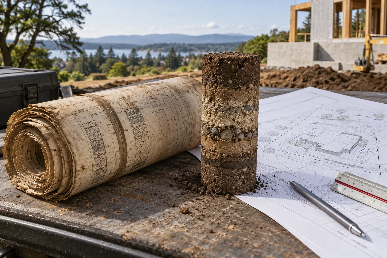Conceptual illustration: Aged soil report roll beside fresh soil core and new crisp site plan; contrast of old and new.