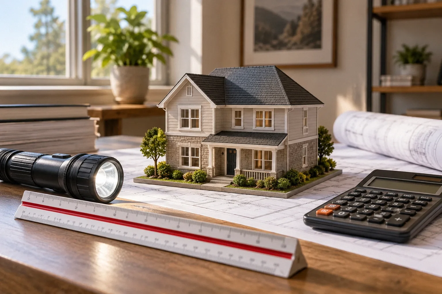 Conceptual illustration: Inspection flashlight, structural scale and calculator arranged around small house model; three roles.