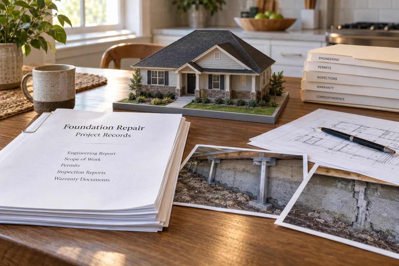 Conceptual illustration: Repair invoice packet and foundation photos beside home model at kitchen table; no faces.