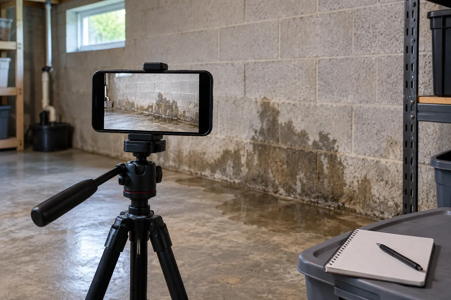 Conceptual illustration: Smartphone on tripod recording a damp basement wall; plain notebook and shallow water stain.