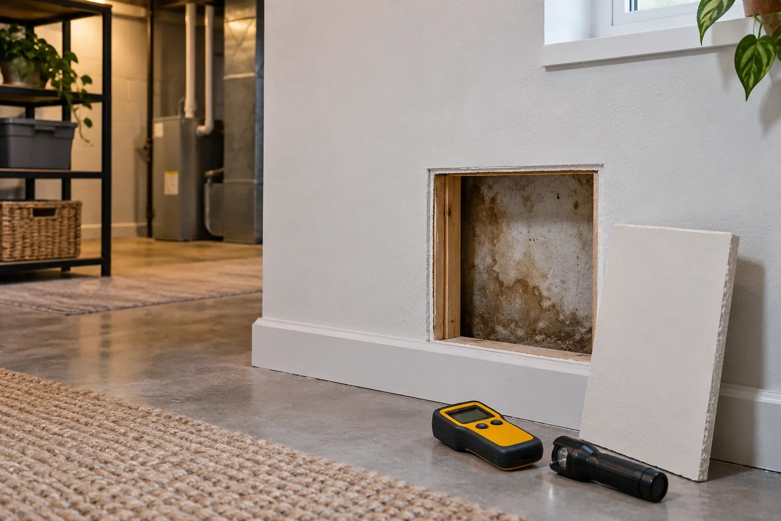 Conceptual illustration: Freshly painted basement wall with small inspection opening revealing stained backing; moisture meter nearby.