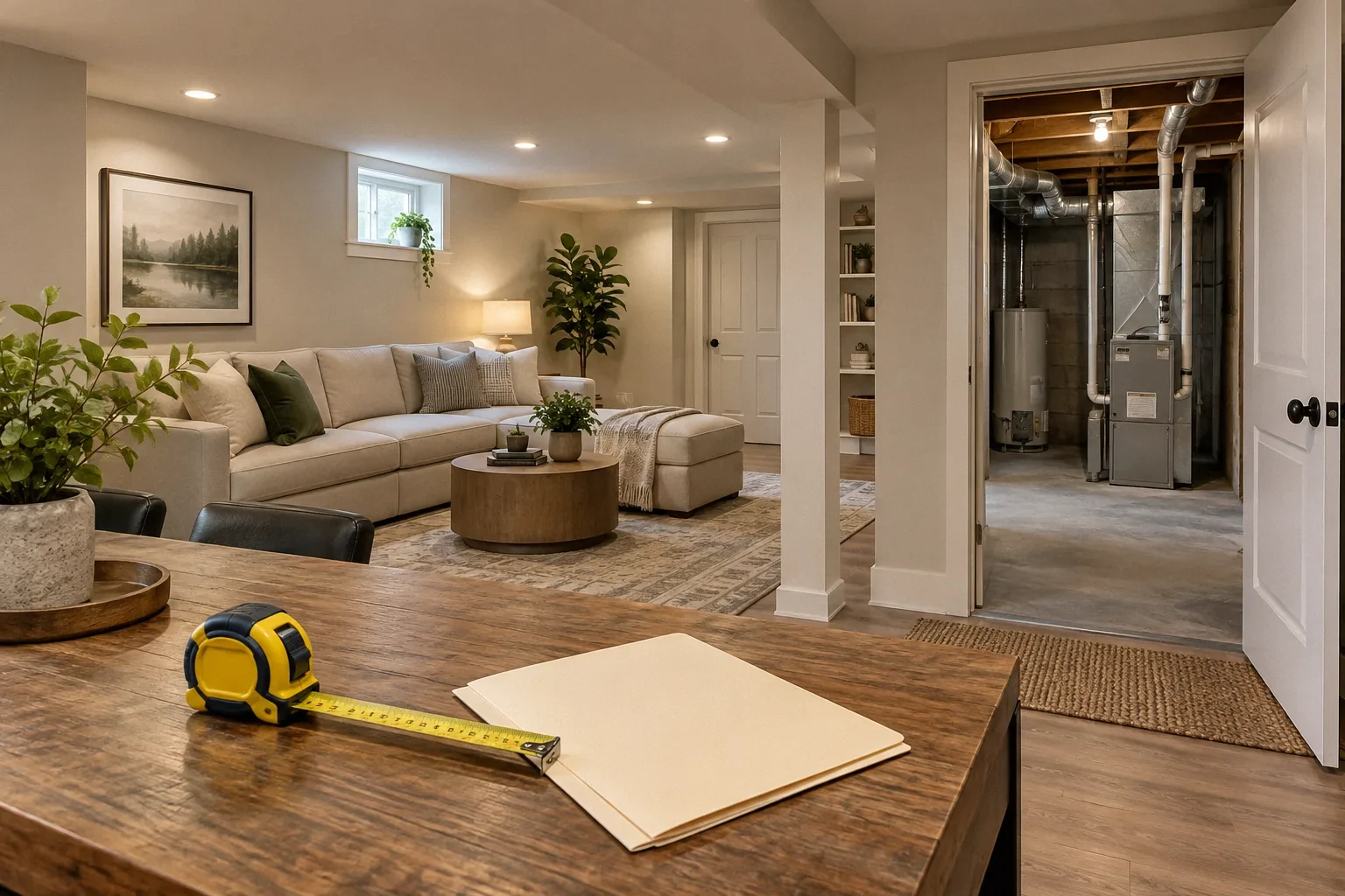 Conceptual illustration: Finished basement room with measuring tape and plain record folder; doorway reveals unfinished utility space.
