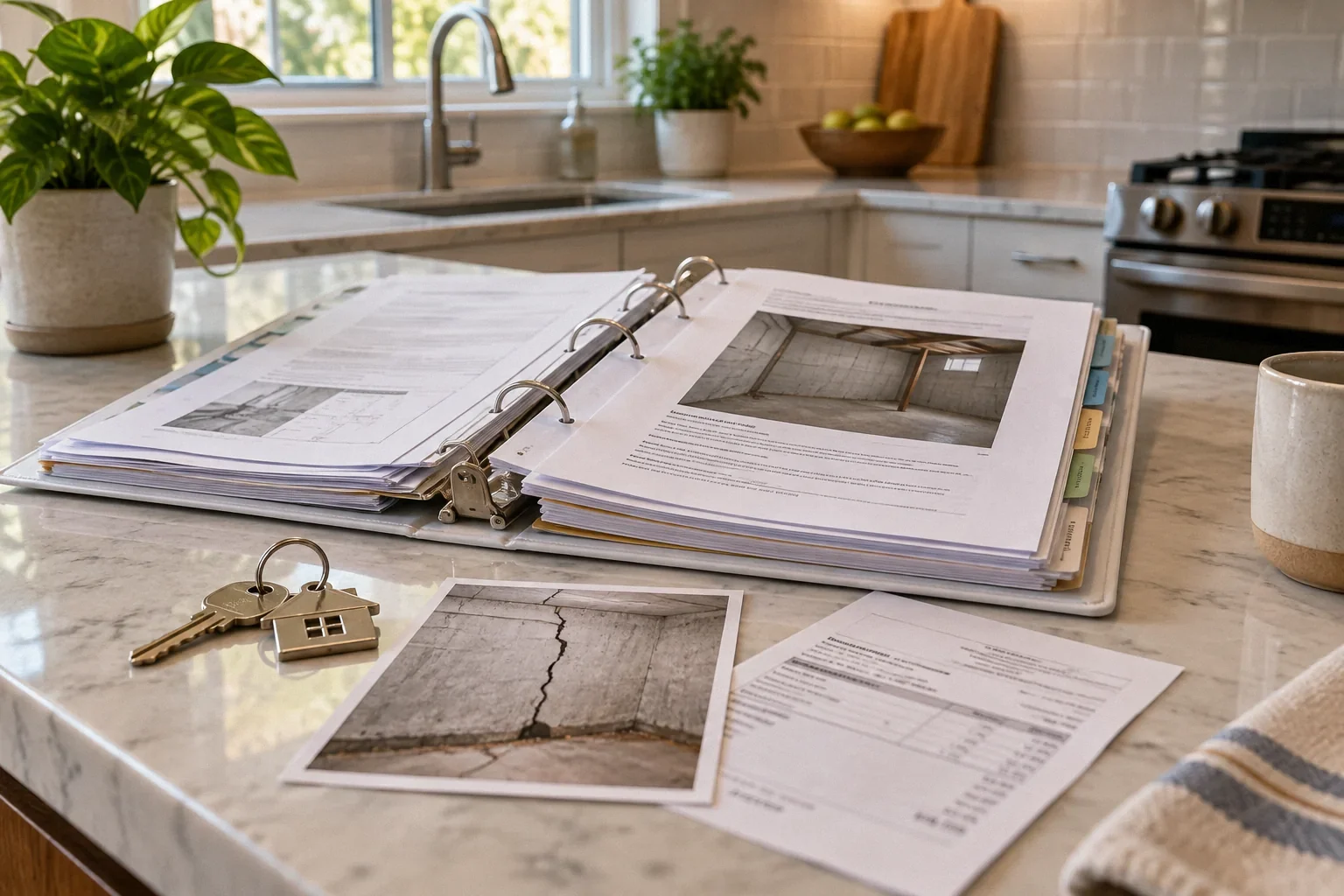 Conceptual illustration: House key, disclosure binder, photograph of a crack and repair receipt arranged on kitchen countertop.
