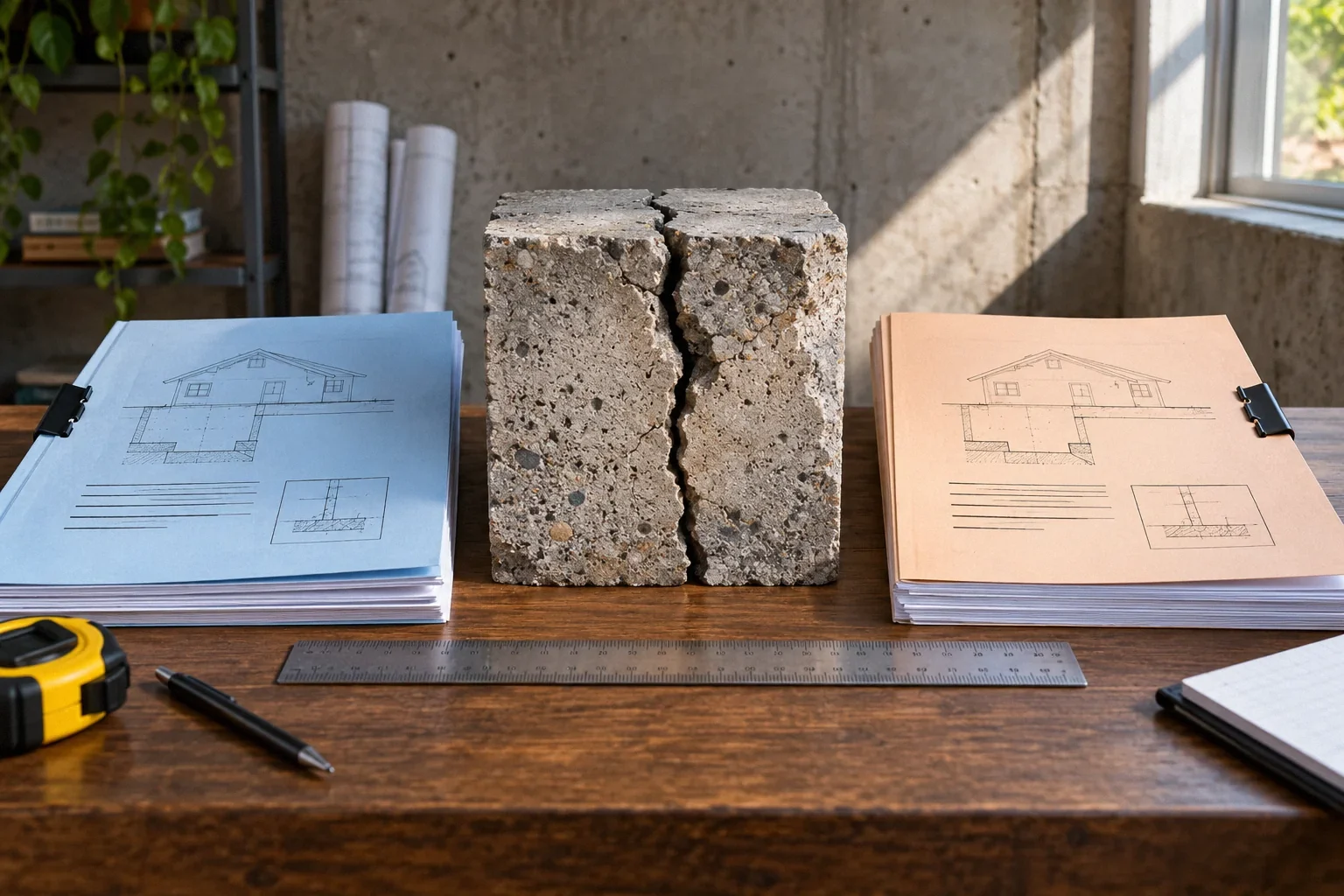 Conceptual illustration: Two different-colour engineering reports flank same cracked concrete sample and shared scale ruler.