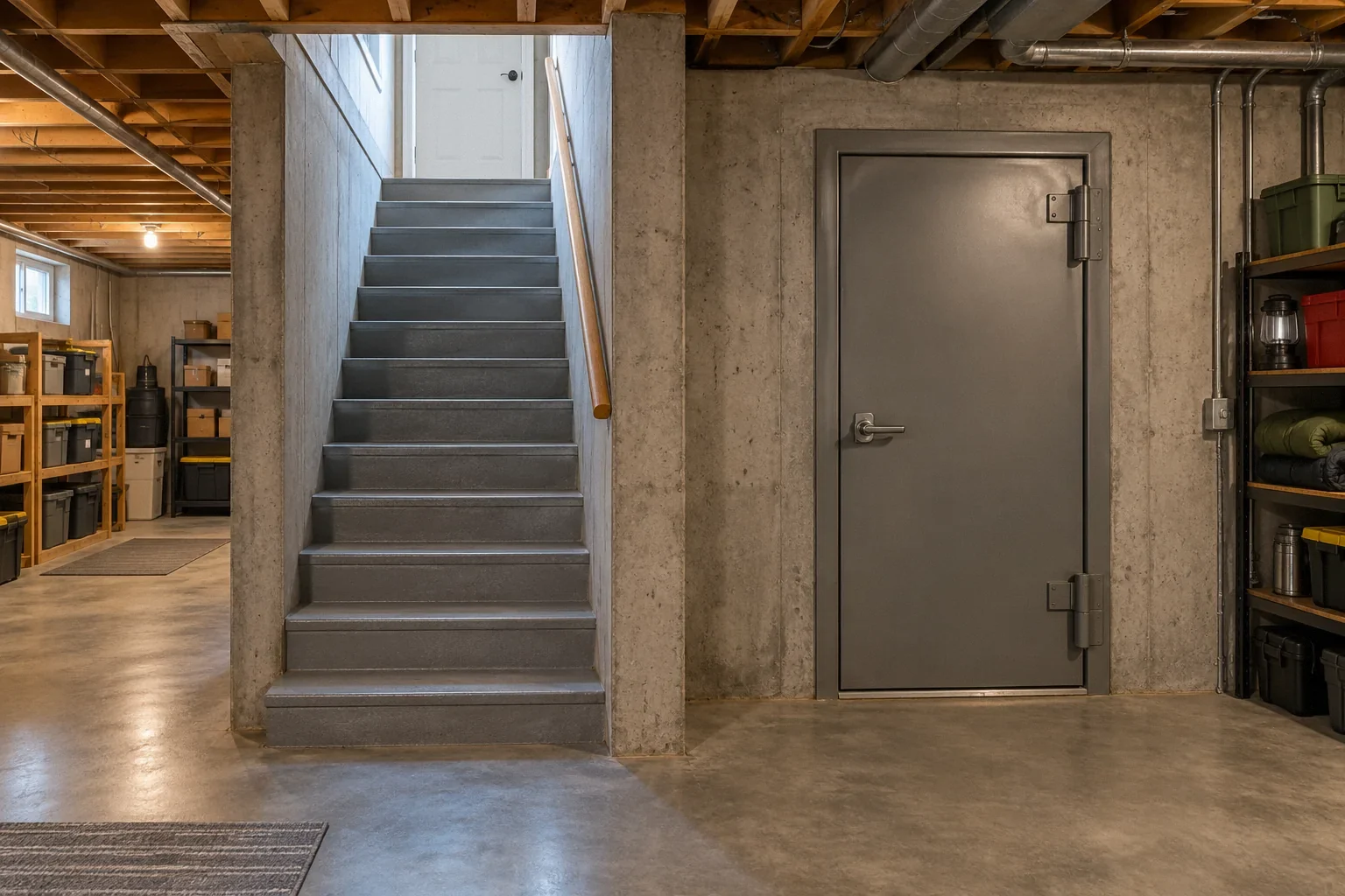 Conceptual illustration: Ordinary basement staircase and separate plain reinforced-room door across room; comparative interior.