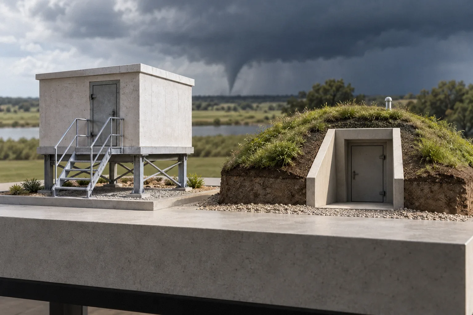 Conceptual illustration: Two separate physical landscape models: above-ground and earth-covered shelter; neutral plinth.