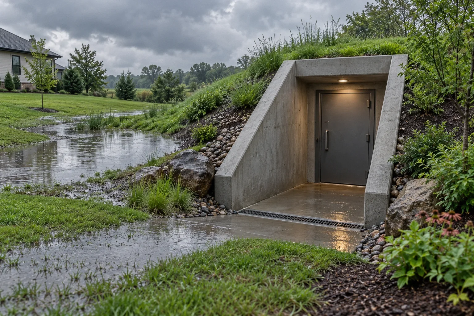 Conceptual illustration: Earth-shelter entrance in garden after rain; pooled surface water in nearby drainage depression; overcast.
