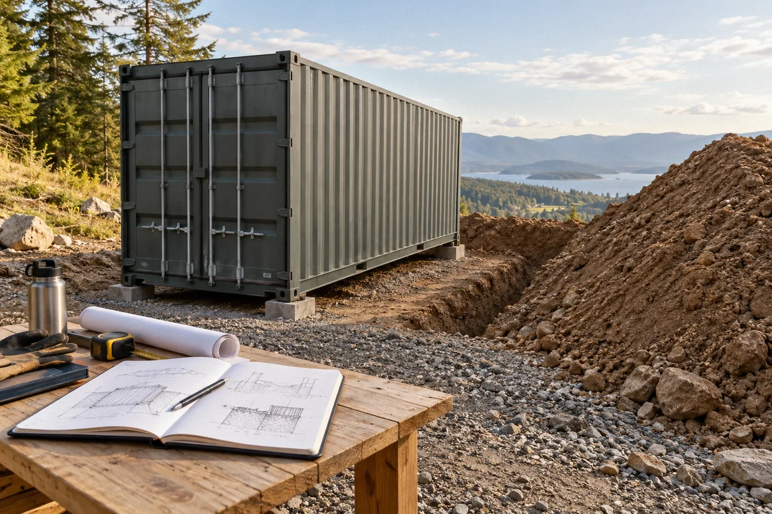 Conceptual illustration: Unmodified shipping container standing above ground beside mound of earth; engineering notebook on site table.