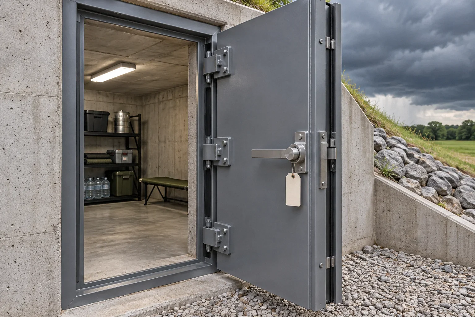 Conceptual illustration: Heavy steel shelter door seen obliquely; hinges, frame and latch all visible; blank inspection tag.
