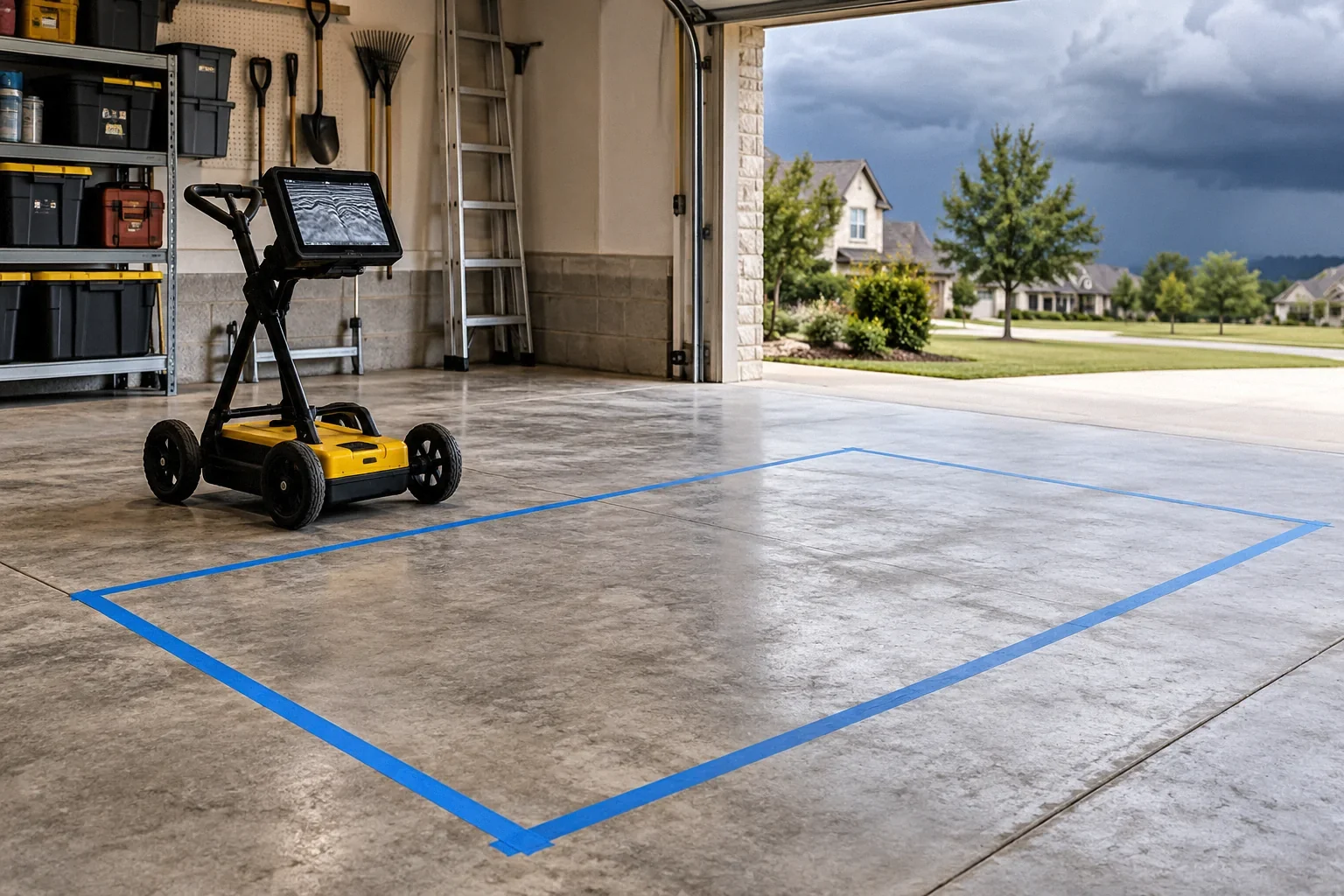 Conceptual illustration: Empty garage slab with blue-tape rectangular shelter footprint and parked concrete-scanning device.