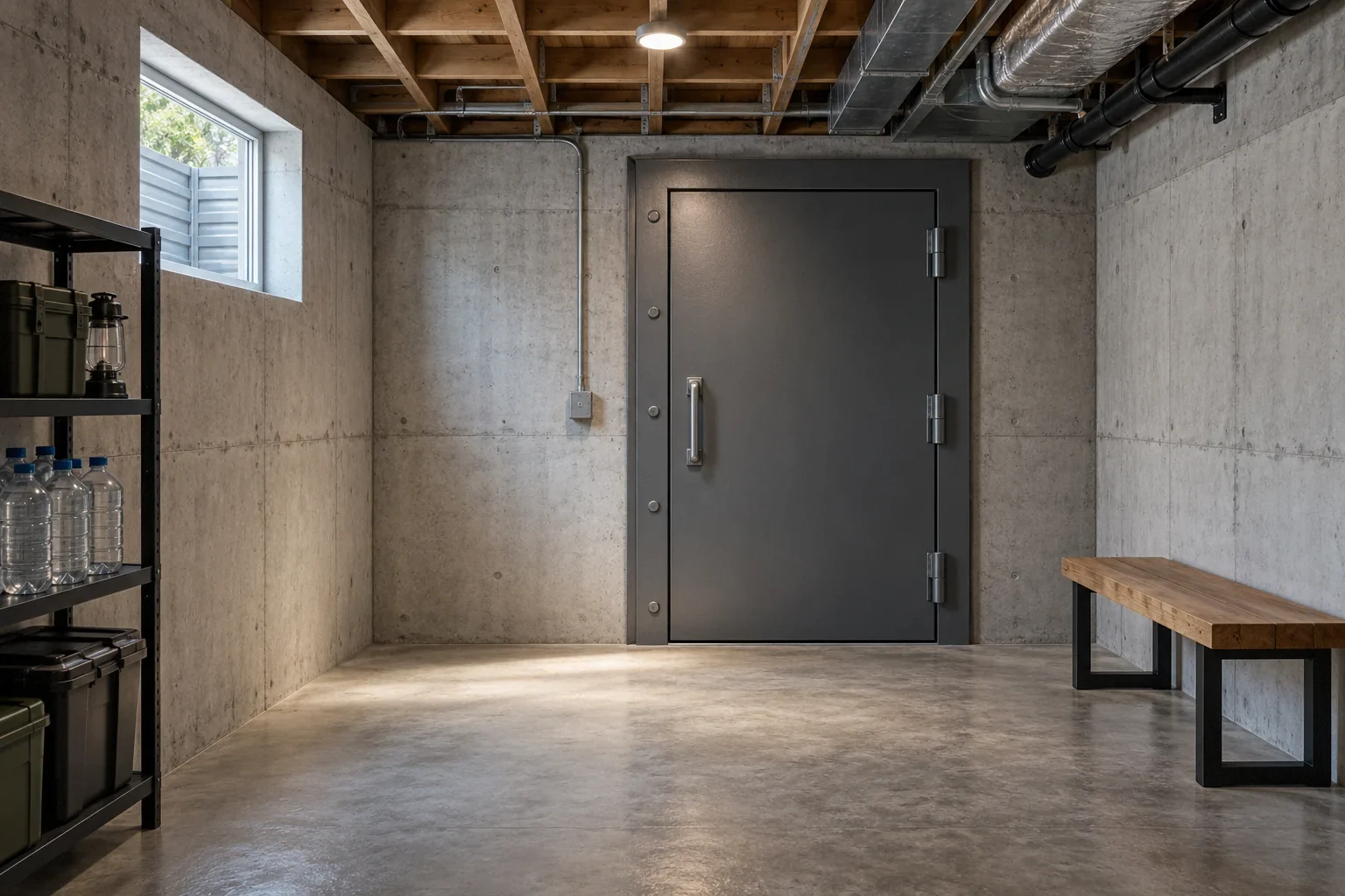 Conceptual illustration: Unfinished basement room with plain thick walls, full-height steel door and simple bench; concept interior.