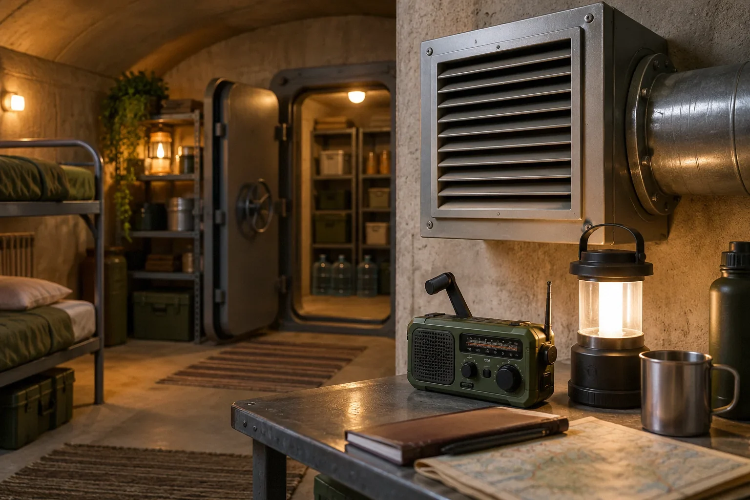 Conceptual illustration: Shelter ventilation grille, hand-crank radio and battery lantern; warm restrained interior light.