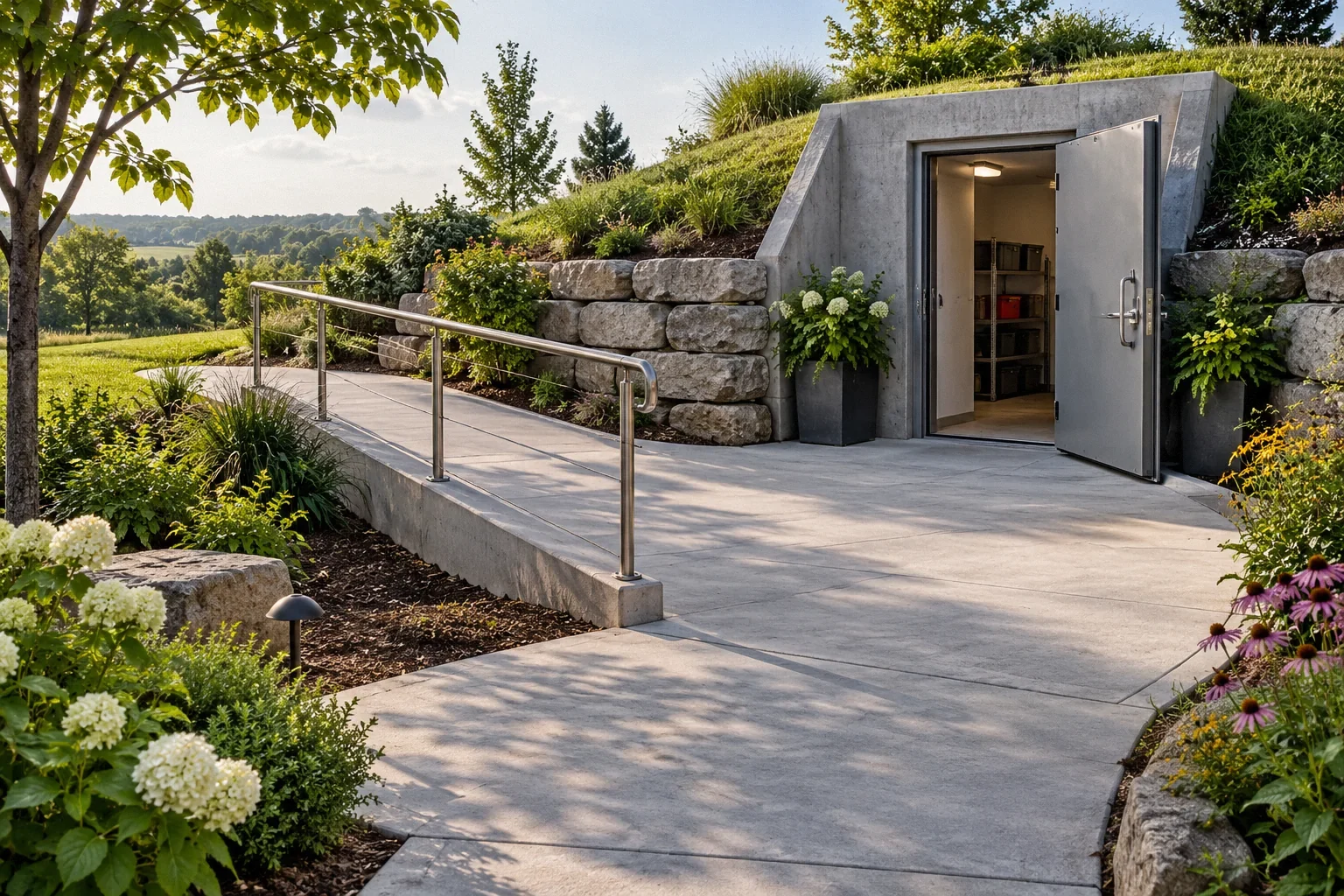 Conceptual illustration: Clear paved accessible approach to shelter door; gentle ramp and unobstructed turning space; garden.