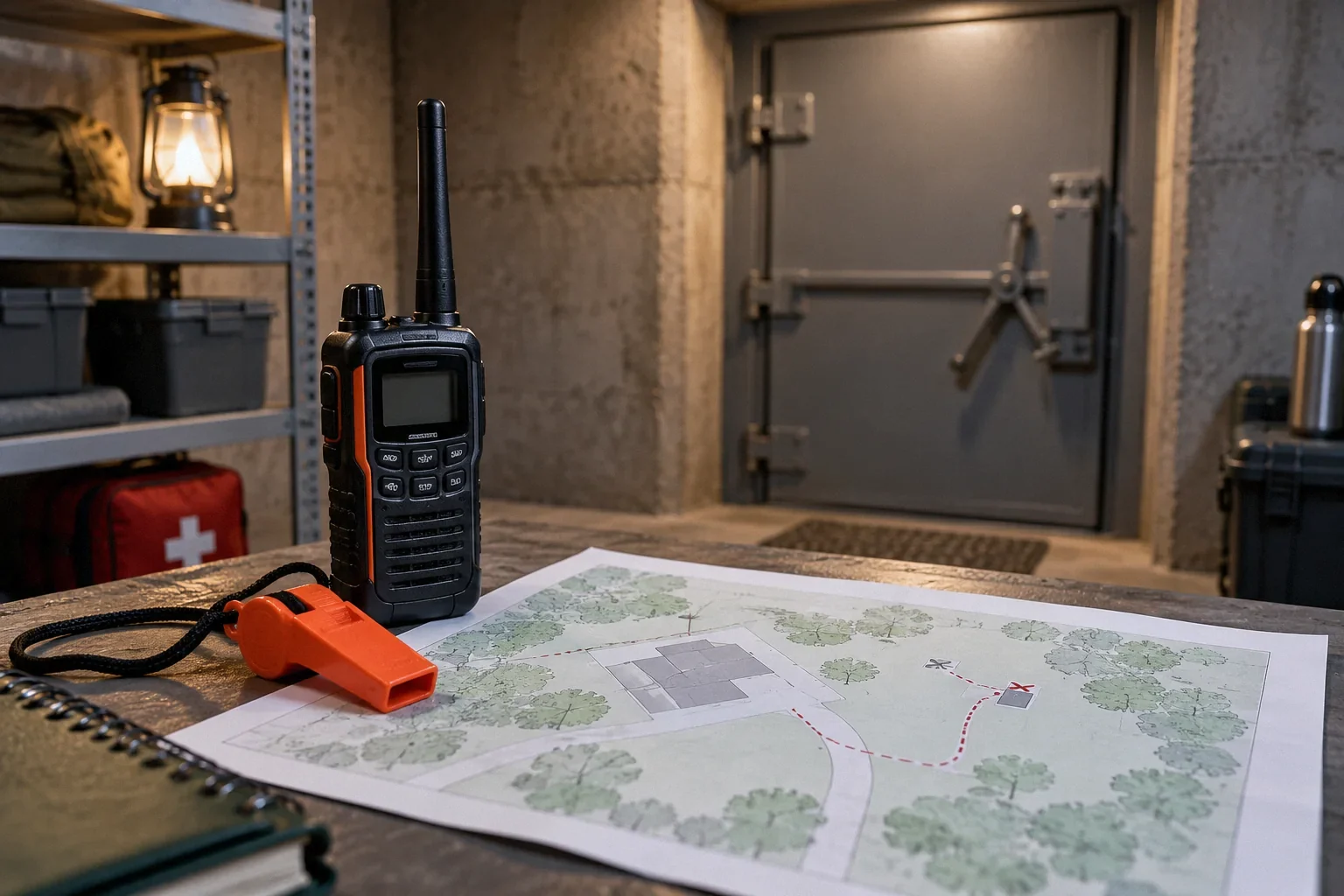 Conceptual illustration: Inside shelter: handheld radio, whistle and plain property map; heavy door in soft background.