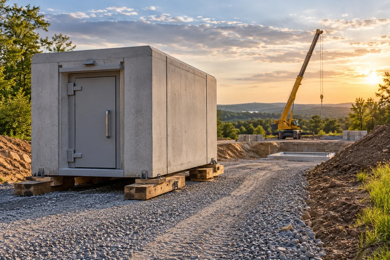 Conceptual illustration: Prefab shelter unit on transport skids with crane in distance and gravel access path; wide exterior.