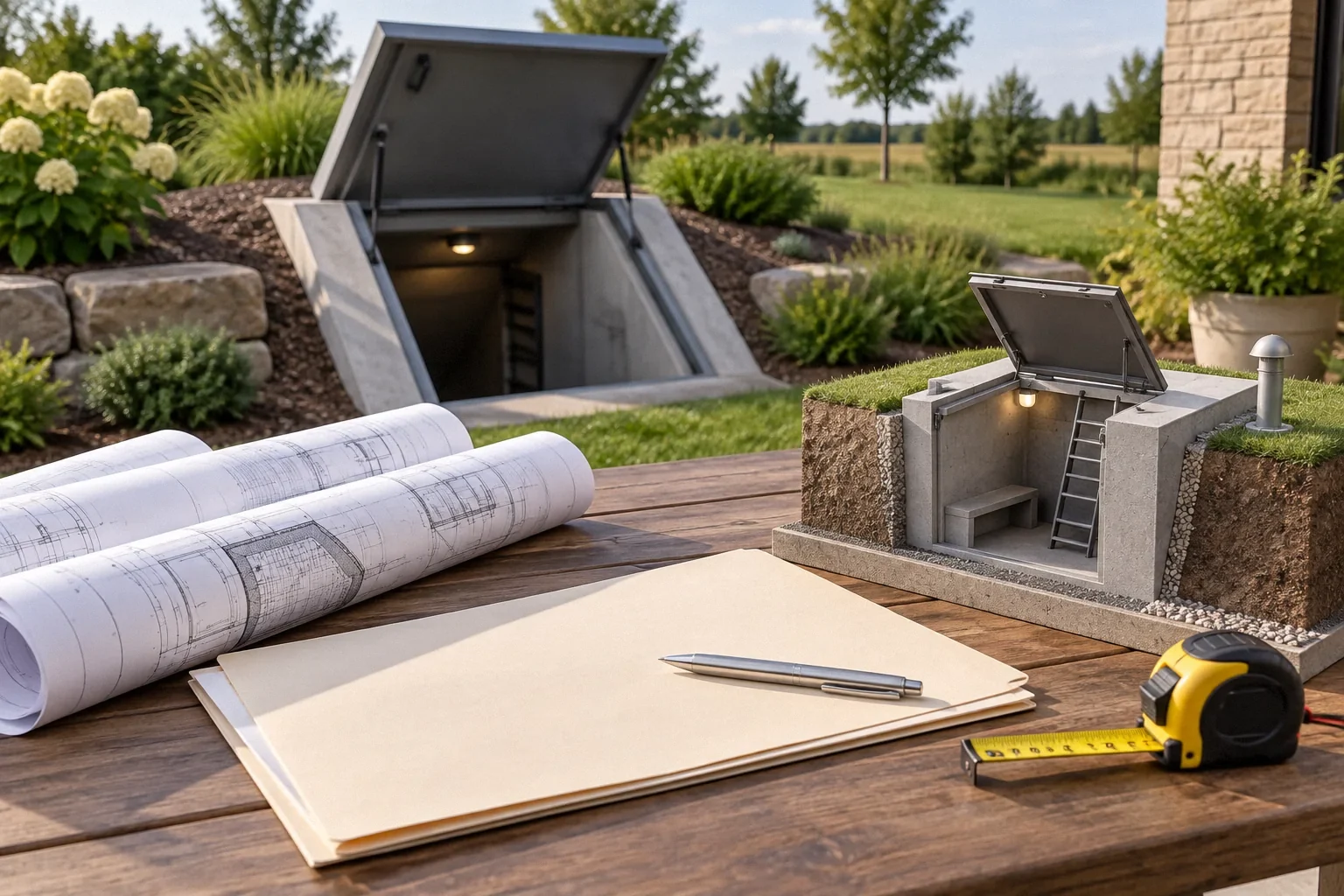 Conceptual illustration: Rolled site plan, plain permit folder, shelter model and tape measure on outdoor table; garden daylight.