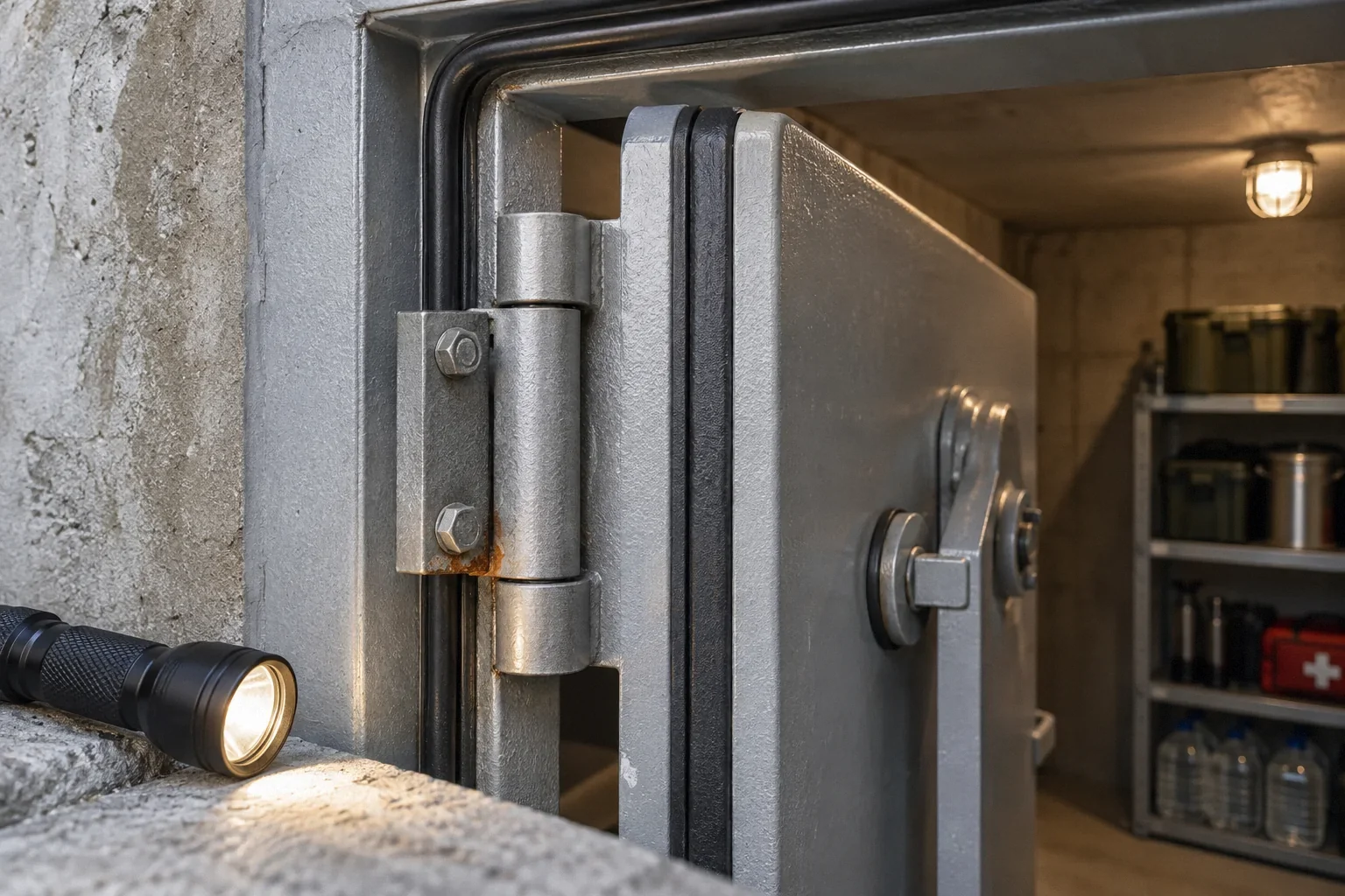 Conceptual illustration: Close shelter-door hinge and weatherstrip with flashlight and one small corrosion spot; inspection study.
