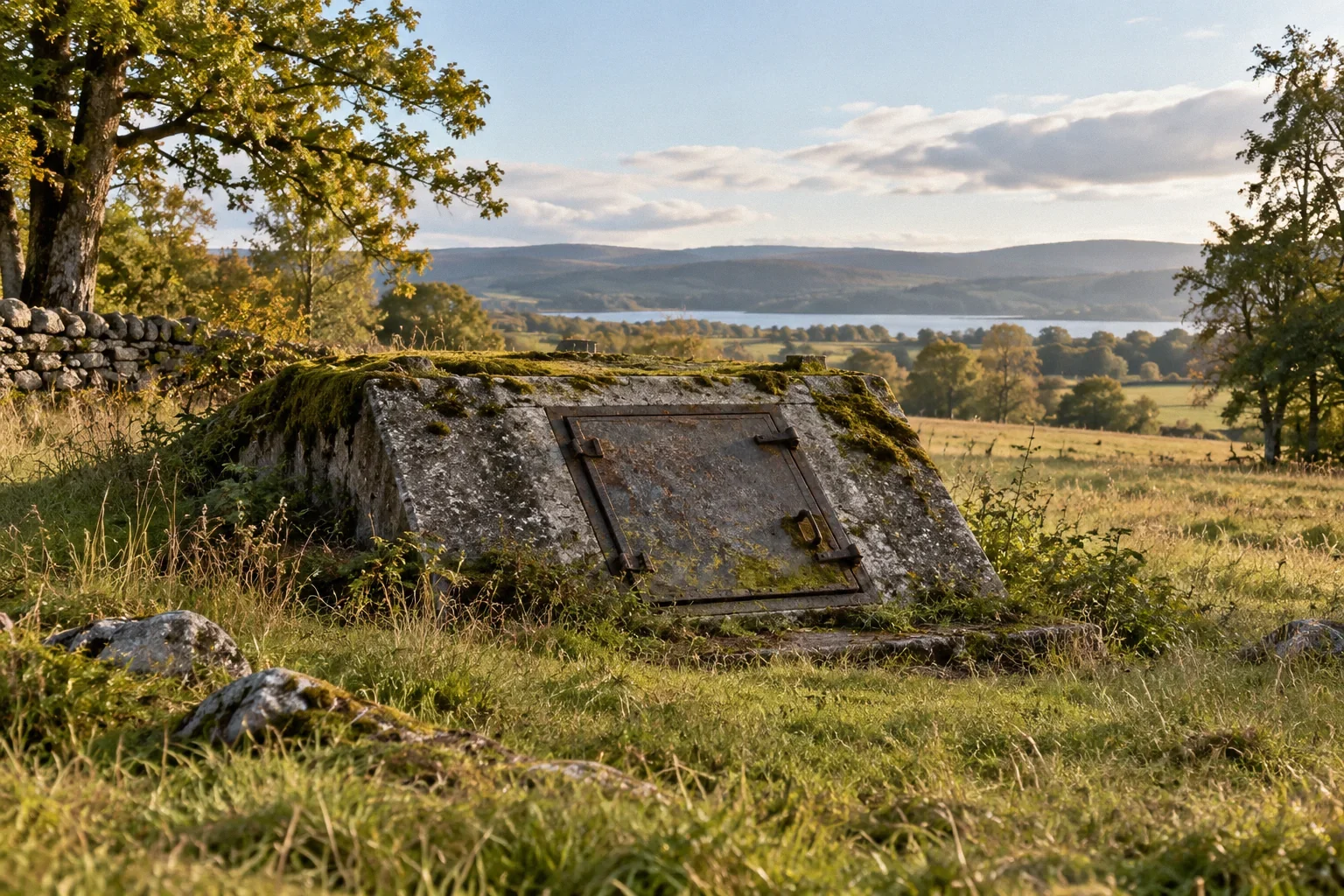 Conceptual illustration: Closed moss-edged old concrete bunker hatch in field, viewed from outside at distance; undisturbed.