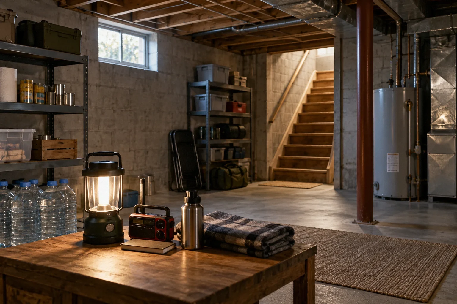 Conceptual illustration: Ordinary basement with basic water supplies, lantern and radio near an interior wall; no protection claims.