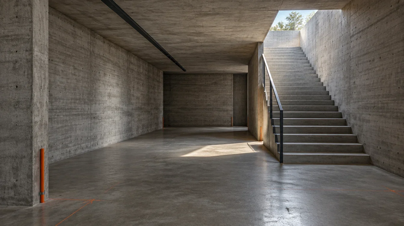 Conceptual below-grade concrete room with daylight and stairs.