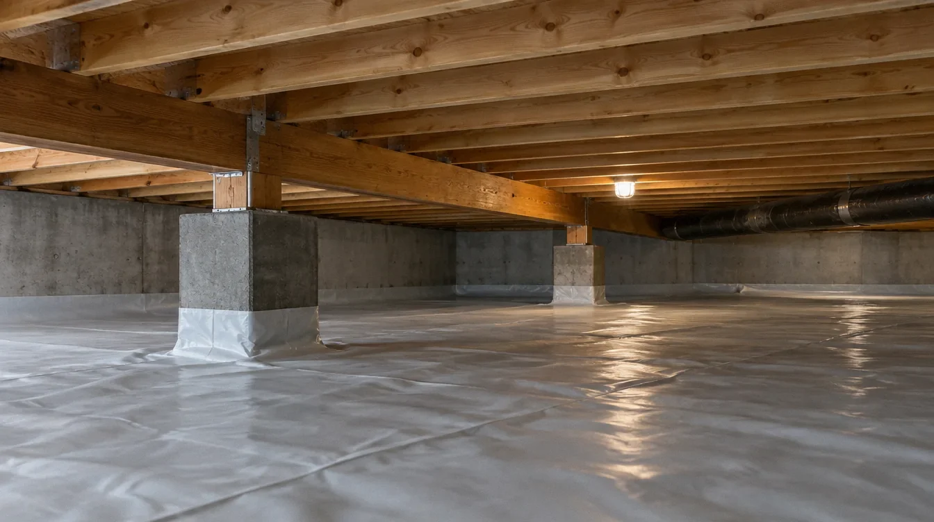 timber floor framing above a lined residential crawl space.