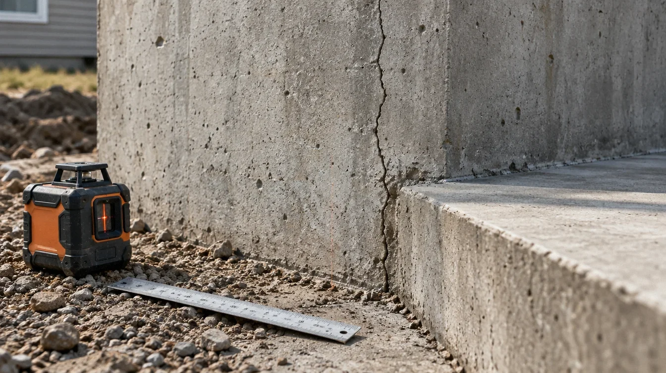 a concrete foundation crack beside measuring tools.